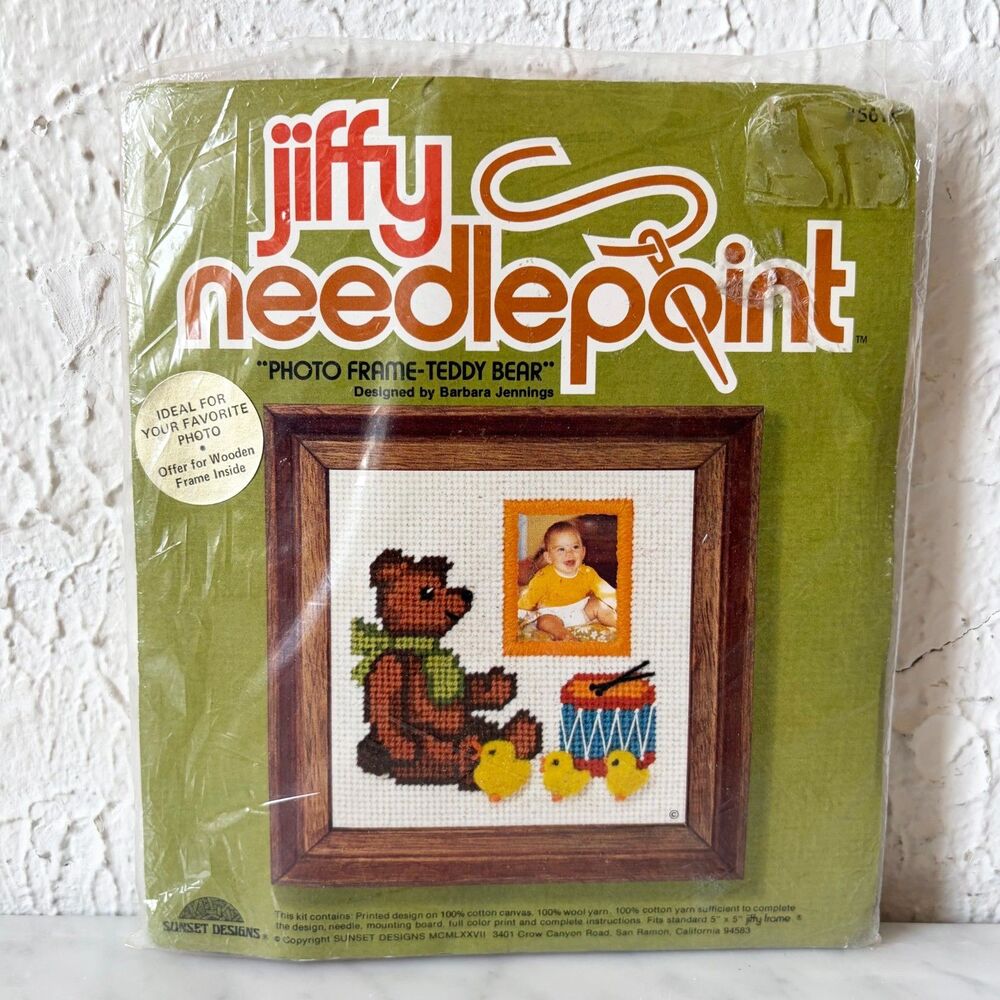 Vintage Sunset Designs Jiffy Needlepoint Photo Frame Teddy Bear Kit B Jennings